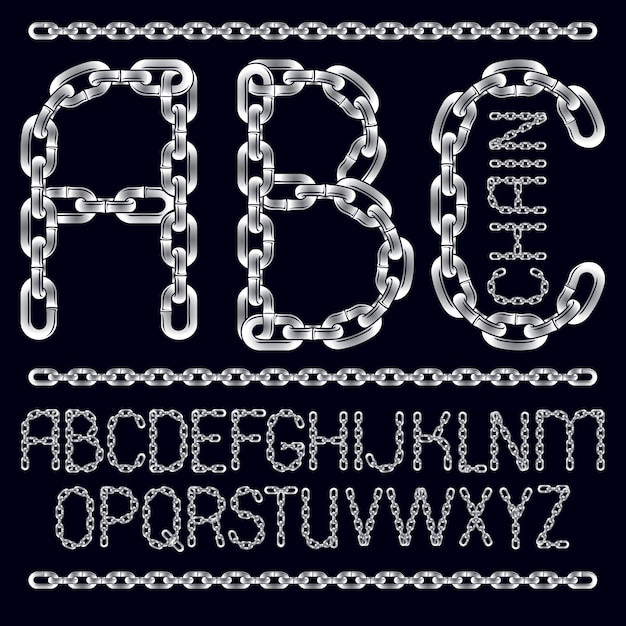 Lettere dell'alfabeto inglese vettoriale, collezione abc. carattere decorativo capitale creato utilizzando catena cromata, collegamento.