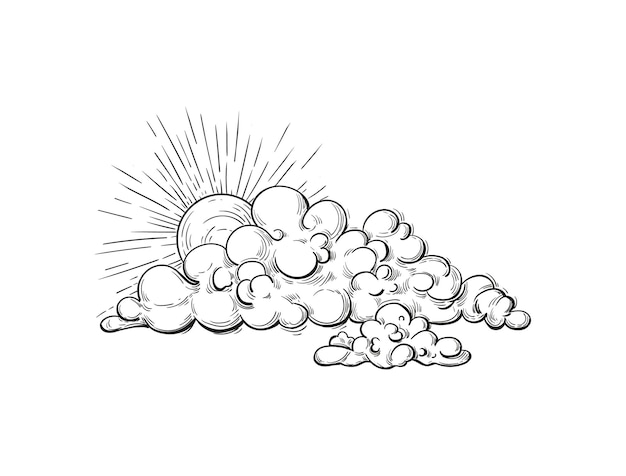 Vector engraved style clouds illustration hand drawn cloud pencil sketch cloud scape with sun