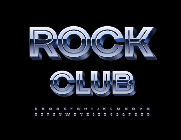 Vector entertainment teken rock club creatieve metalen lettertype zilver 3d alfabet brieven en cijfers