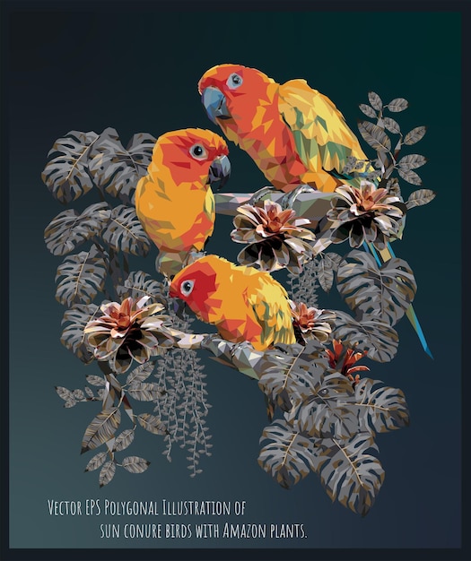 Vector EPS veelhoekige illustratie van zonconure vogels met Amazon planten