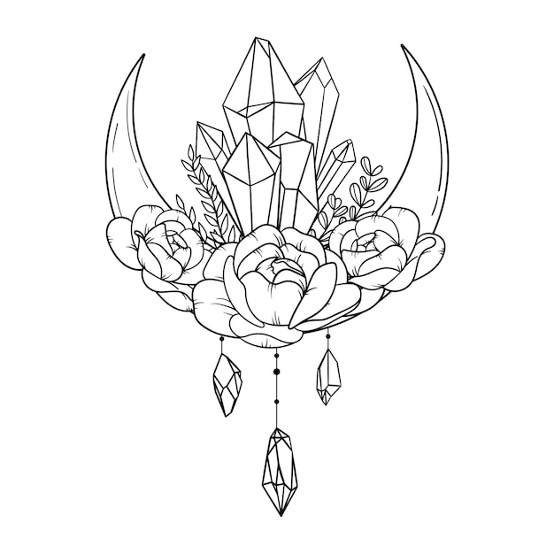 Vector Esoteric crescent moon crystal peony rose stars leaves line art