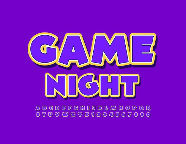 Vector event poster Game Night Playful style Font Funny sticker Alphabet Letters and Numbers set