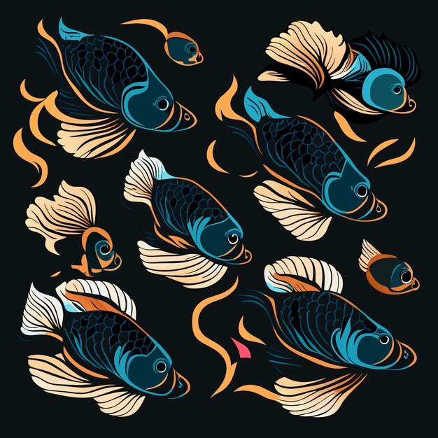 Vettore set di icone artistiche di pesci esotici vettoriali