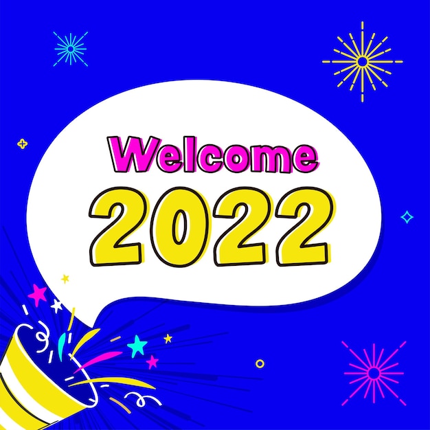 新年のコンセプトのための青い背景にウェルカム2022フォントと花火でパーティーポッパーを爆発させるベクトル。