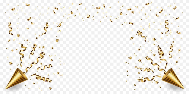 Vector vector exploding realistic golden party popper with gold ribbons and confetti decor frame