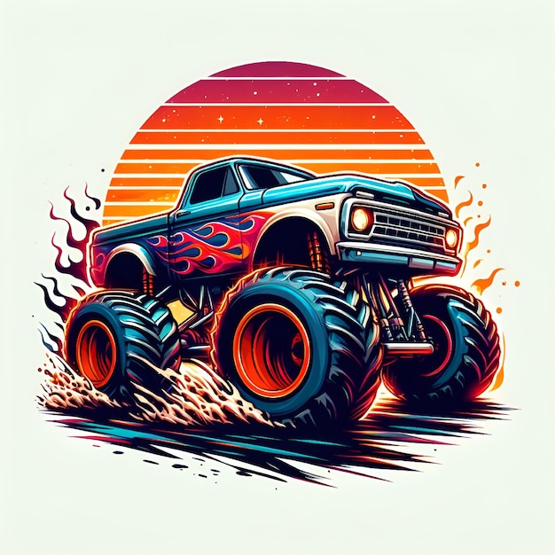 Логотип Vector Extreme Monster Truck Экстремный грузовик-монстр с логотипом огненного пламени