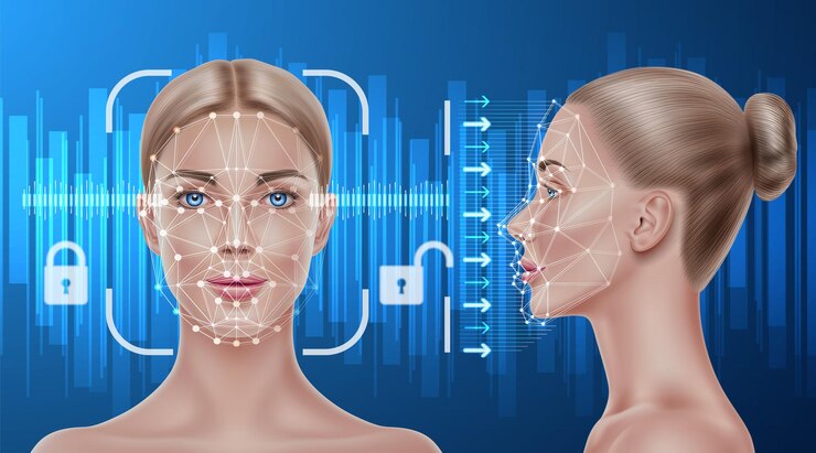 Vector vector face recognition concept biometric face scanning of realistic girl personal verification