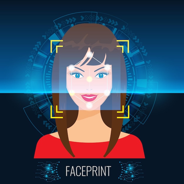 Vettore tecnologia vector face recognition o faceprint che scansiona il volto di una donna con abstract tech background