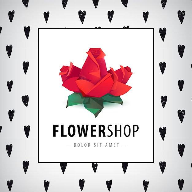 Rose sfaccettate di vettore, logo di fiori, icona isolata. identità del negozio di fiori, carta, poster con sfondo e cornice di cuori disegnati a mano