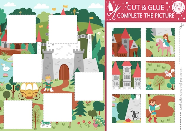 Vector fairytale cut and glue activity magic kingdom crafting game with cute castle scene with princess fun printable worksheet for children find the right piece of the puzzle complete the picturexa