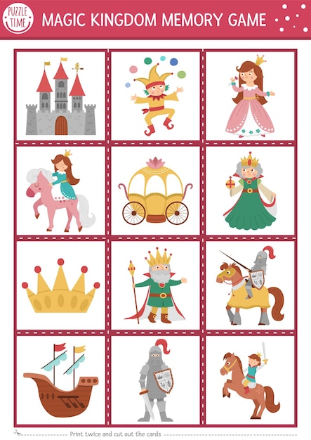 Vector Fairytale memory game-kaarten met schattige traditionele fantasiesymbolen Magische koninkrijk matching-activiteit Onthoud en vind de juiste kaart Eenvoudig afdrukbaar werkblad voor kinderen met castlexA