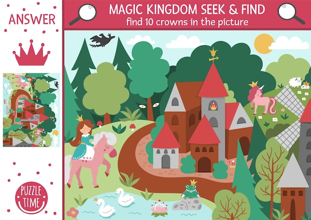 Вектор Векторная сказочная игра-поиск со средневековым деревенским пейзажем и принцессой. найдите скрытые короны на картинке.