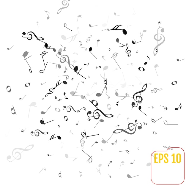 Vector falling notes background frame of treble clefs bass clefs and musical notes black musical symbols of different size on white background