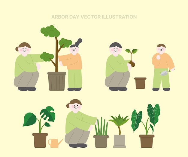 벡터 터 가족 캐릭터가 비에 식물을 심는 arbor day 일러스트레이션