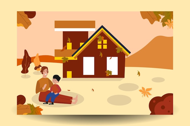벡터 가족은 가을에 집 앞에서 즐겁게 놀고 마른 나뭇잎을 청소하고 있다