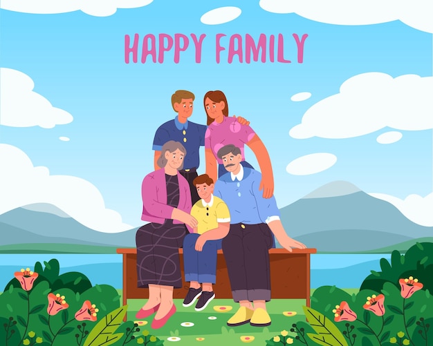 Vector vector family photo outdoor cartoon photography or happy portrait of family