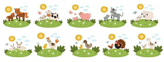 Vector vector farm animal scenes set collection with cow horse goat sheep duck hen pig and their babies cute country mother and baby illustration with grass background sun cloudsxa
