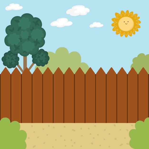 Vector farm or garden landscape illustration Rural village scene with fence trees sky sun Cute spring or summer square nature background with cottage Country field picture for kidsxA