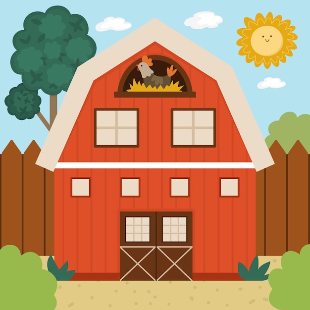 Vector farm or garden landscape illustration Rural village scene with red barn fence tree Cute spring or summer square nature background with cottage Country house picture for kidsxA