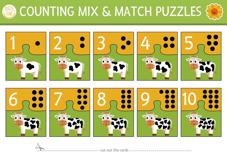 Vector vector on the farm mix and match puzzle with cute cow and spots matching math activity for preschool children educational printable counting match up game for kids with farm animalxa