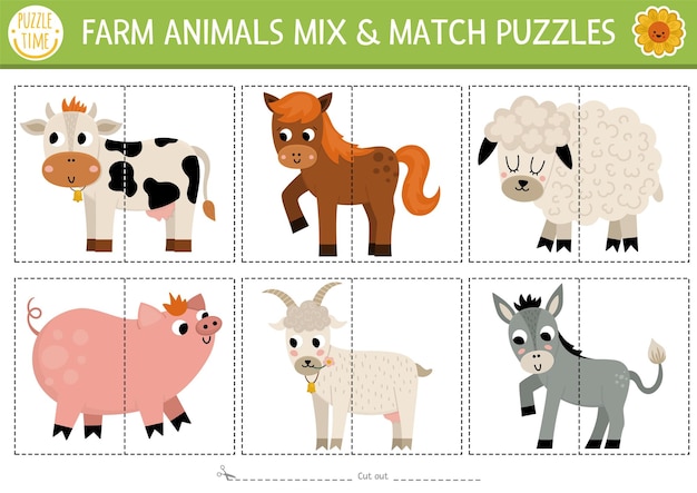 Vector on the farm mix and match puzzle with cute farm animals Matching rural countryside activity for preschool kids Educational printable game with cow pig goat donkey horse sheepxA