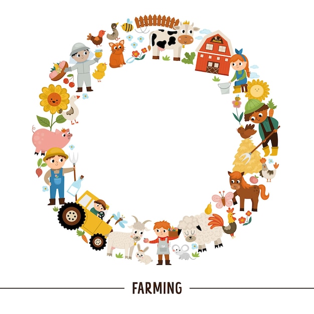 Vector farm round frame with farmers and animals Rural country card template or local market design for banners invitations Cute countryside wreath illustration with barn cow tractor pig hen