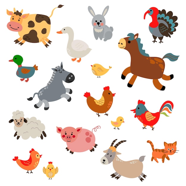 Vector farm set. farm animals and poultry collection.