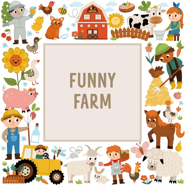 Vector farm square frame with farmers and animals Rural country card template or local market design for banners invitations Cute countryside illustration with barn cow tractor pig hen flowerxA