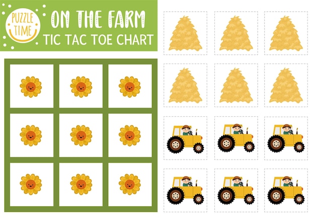 Vector on the farm tic tac toe chart with farmer on tractor and hay stack Farm board game playing field with cute character Funny rural village printable worksheet Noughts and crosses grid xA