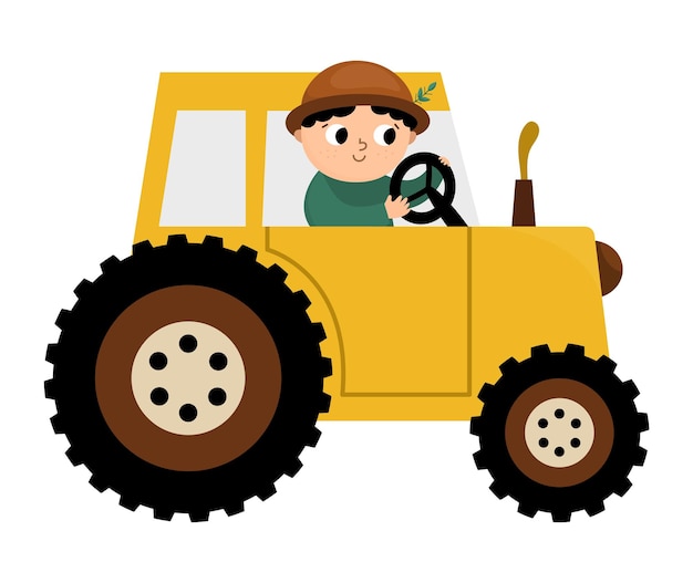 Vector farmer driving tractor icon Farm transportation with driver isolated on white background Funny rural illustration for kids with cute boy