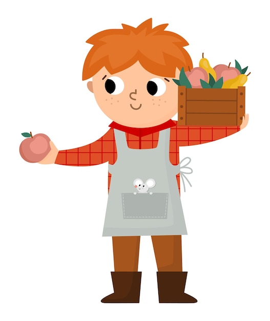 나무 상자에서 수확과 함께 서 있는 벡터 농부 농업 작업 아이콘을 하 고 귀여운 아이 농촌 국가 문자 사과와 앞치마에 자식 공급 업체 만화 소년과 함께 재미있는 농장 그림