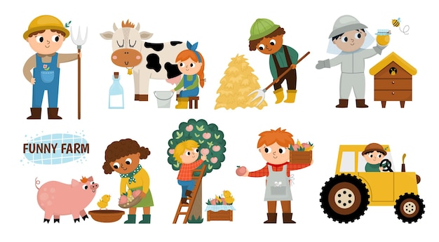 Set di agricoltori vettoriali bambini carini che fanno lavori agricoli scene di campagna rurale bambini che raccolgono fieno alimentano gli animali apicoltura mungitura della mucca ragazzi e ragazze dei cartoni animati illustrazioni divertenti della fattoriaxa