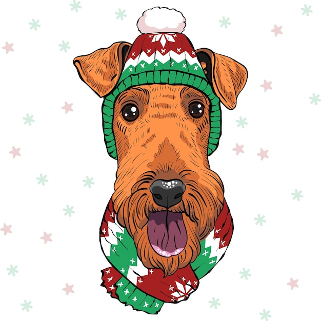 Vector fashion hipster dog airedale terrier in christmas hat and scarf