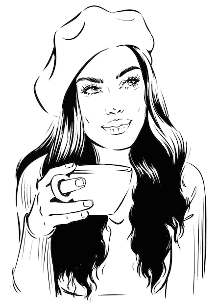 Vector vector fashion illustration of attractive woman with coffee in beret