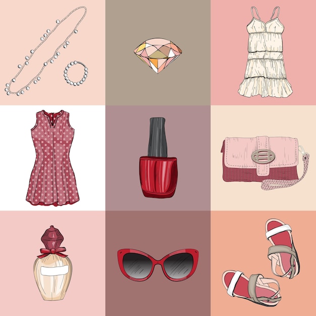 Vector fashion set of woman's clothes accessories and cosmetics