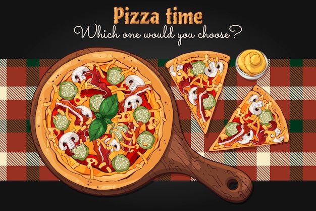 Vector. Fast food theme: pizza on a board.