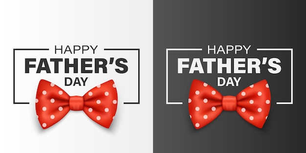 Vector Fathers Day Banner Text with 3d Realistic Silk Red Polka Dot Bow Tie Glossy Bowtie Tie Gentleman Fathers Day Holiday Concept Design Template for Greeting Card Invitation Poster Print