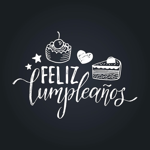 Vector feliz cumpleanos tradotto happy birthday lettering design illustrazione festiva con torta per biglietti di auguri