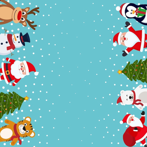 Vector festive christmas background. nice postcard. snowman, santa claus, tree, deer bear tiger eps 10