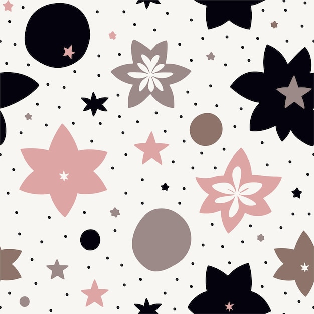 Vector festive doodle abstract stars and planets seamless surface pattern for products or wrapping paper prints