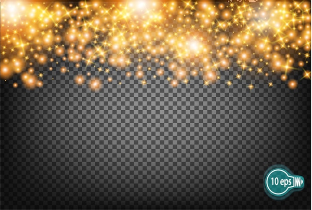 Vector festive illustration of falling shiny particles and stars isolated on transparent background