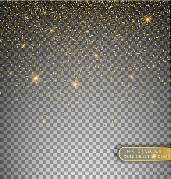 Векторная праздничная иллюстрация падающих блестящих частиц и звезд, изолированных на прозрачном фоне. золотые конфетти блестят сверкающей текстурой