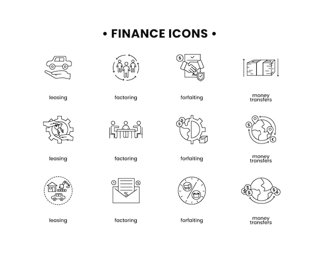 Illustrazione della finanza vettoriale set di icone forfaiting leasing factoring trasferimenti di denaro