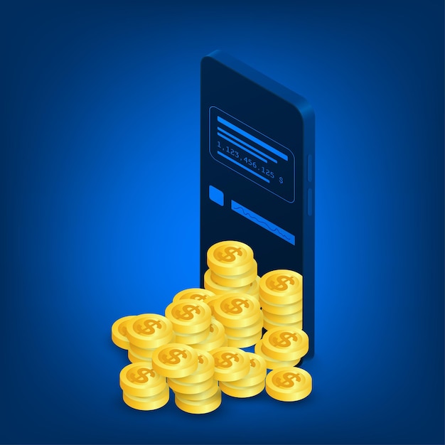 Vector finance and trading online application concept Mobilephone and coins isometric