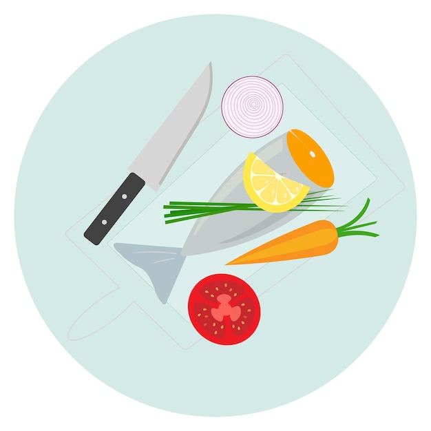 Vector vector of fish vegetables and a knife