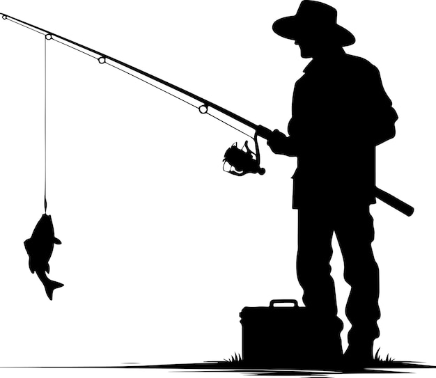 Vector fisher man catching a fish vector silhouette