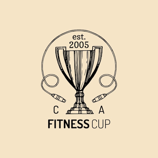 Vector fitness logo hand sketched athletic cup illustration gym\
emblem badge sports complex sign club icon