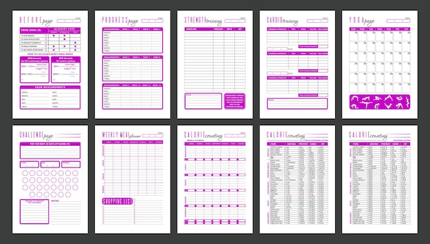 Vector fitness planner paginasjablonen Trainingsdieet en calorieën tellen Eenvoudig ontwerp
