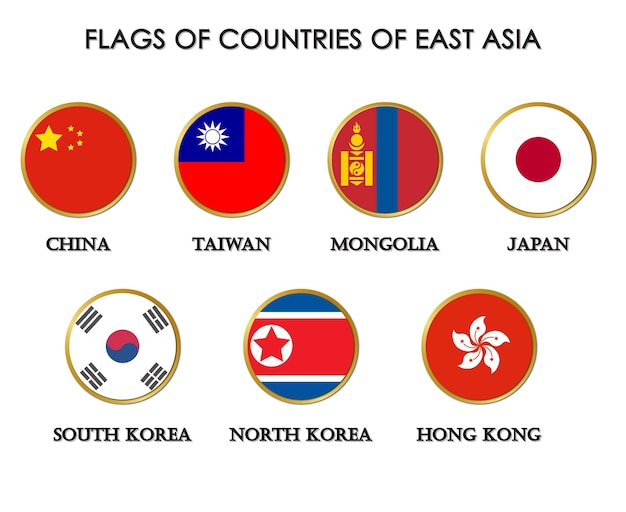 vector Flags of countries of east asia design with gold line