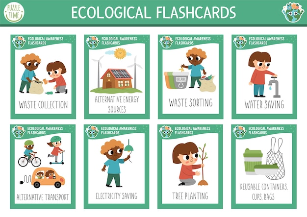 Set di schede flash vettoriali con bambini che si prendono cura dell'ambiente gioco di lingua inglese ecologico schede flash di consapevolezza ecologica per bambini semplici fogli di lavoro educativi stampabili